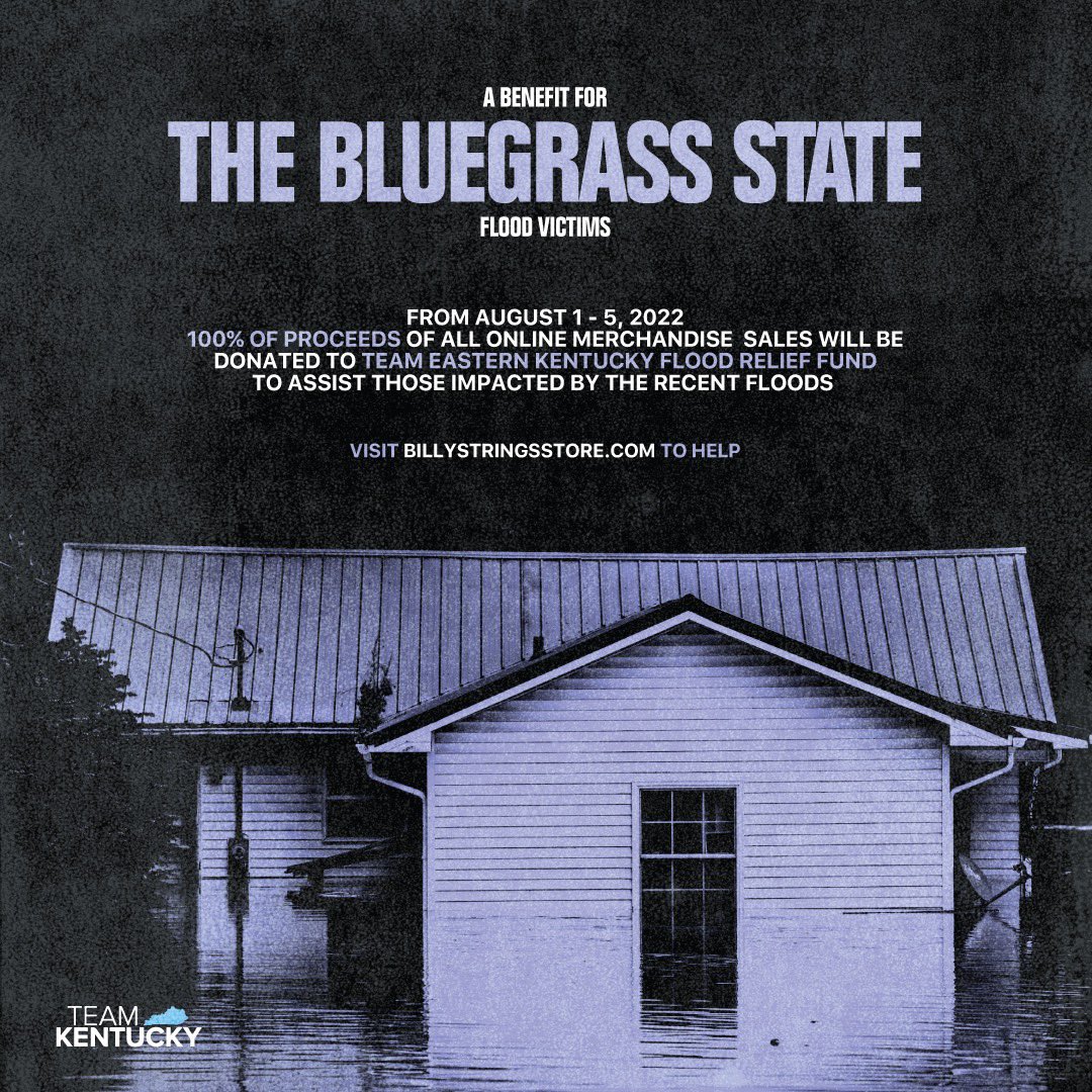 BillyStrings's tweet photo. We are raising funds for KY flood relief. Beginning at midnight tonight through August 5th, 100% of our online merch sales will be donated to Team Eastern Kentucky Flood Relief Fund. Visit https://t.co/tq8hTWFMfR to help ❤️ https://t.co/7zu2VqGB1j