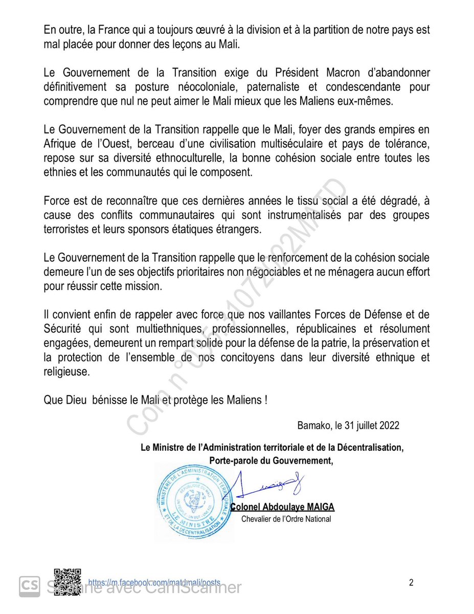 MaliMaeci's tweet image. Communiqué N°035 du Gouvernement de la Transition en réponse aux propos tenus par le Président de la République Française Emmanuel MACRON, lors de sa tournée en Guinée Bissau, le 28 juillet 2022.