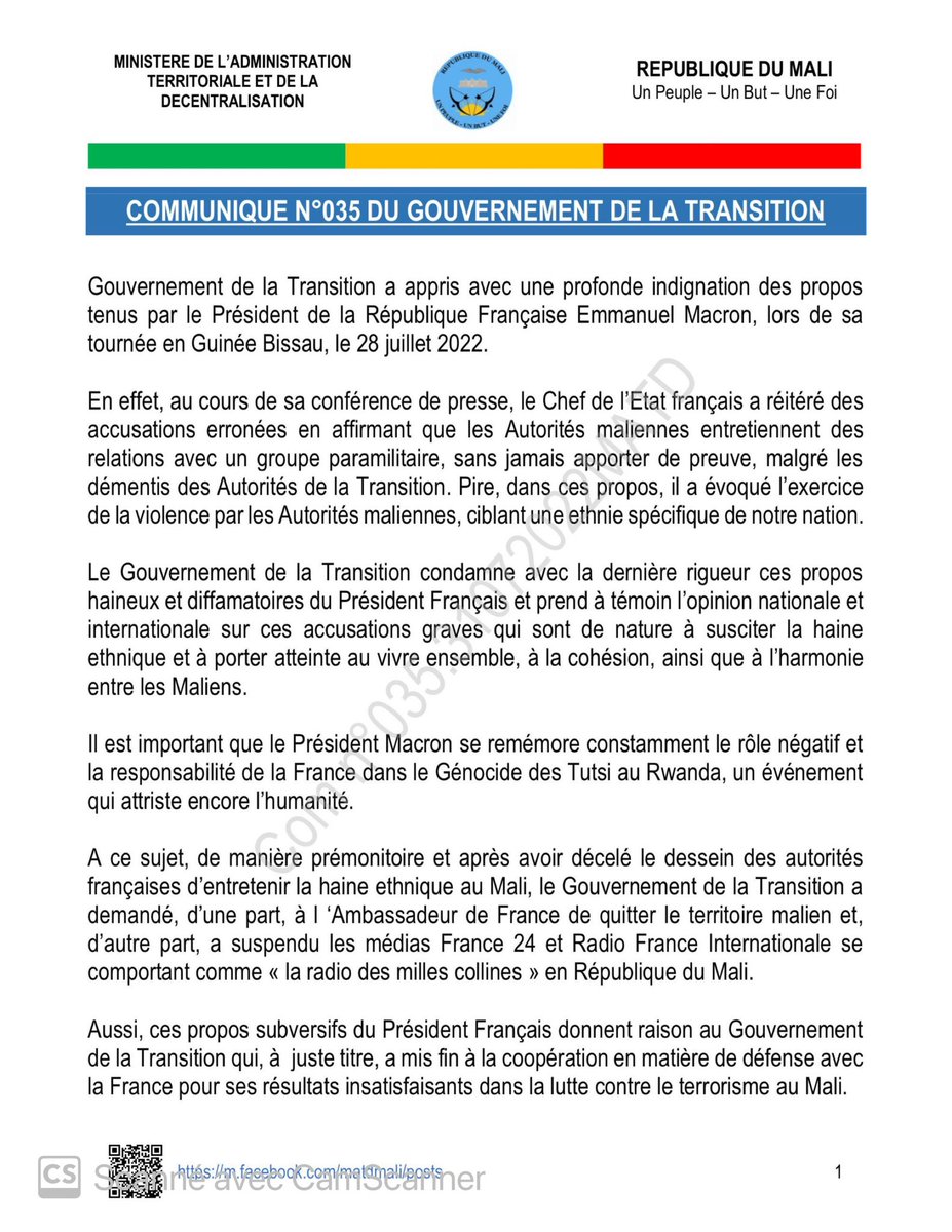 MaliMaeci's tweet image. Communiqué N°035 du Gouvernement de la Transition en réponse aux propos tenus par le Président de la République Française Emmanuel MACRON, lors de sa tournée en Guinée Bissau, le 28 juillet 2022.