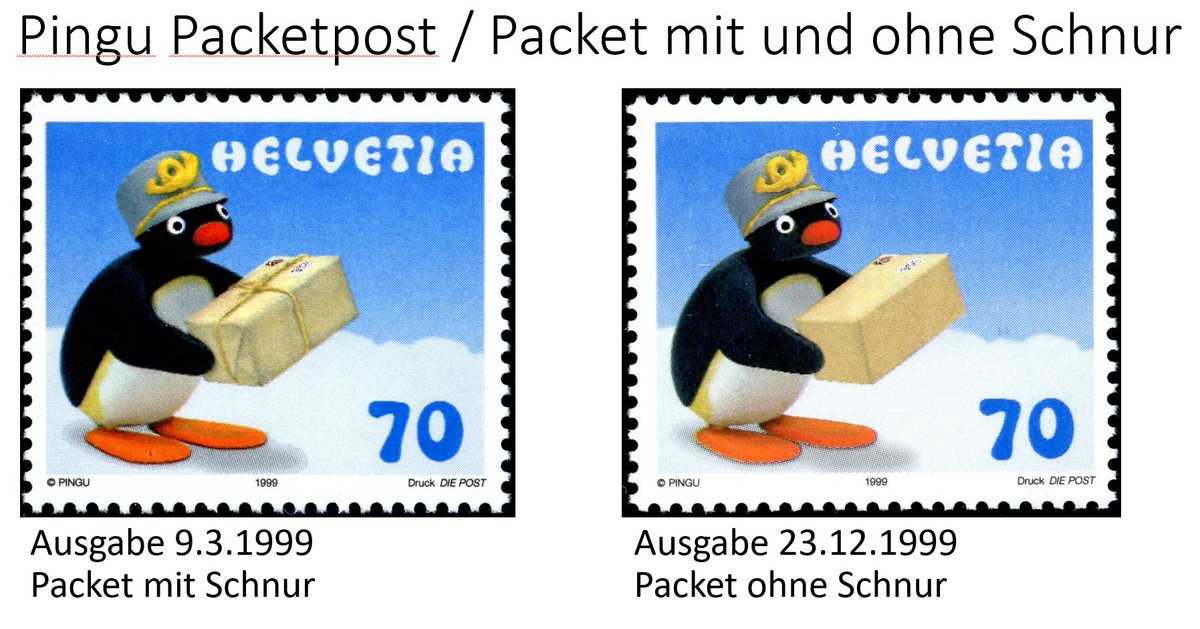 Im Jahr 1999 zwei verschiedene Ausgaben von Pingu als Packetbote. Im März die Ausgabe mit Schnur am Packet. Im Dezember die Ausgabe ohne Schnur am Packet.