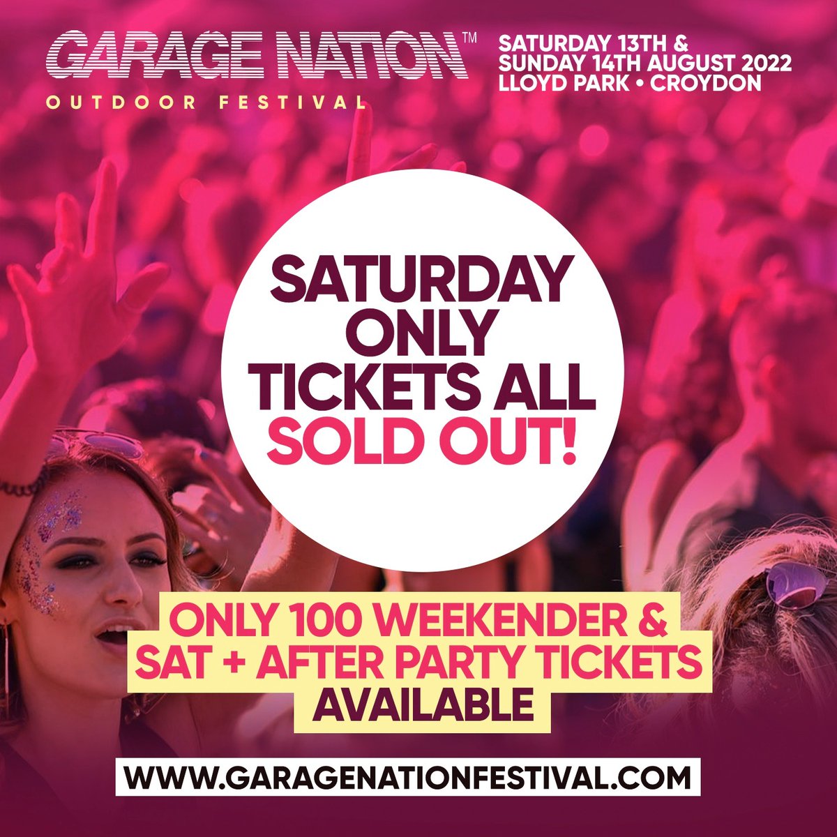 Garage Nation Festival Saturday Only Tickets have SOLD OUT! Less than 1400 Sunday remain > garagenationfestival.com >> Sat 13th & Sun 14th Aug at Lloyd Park Croydon with @Starky79