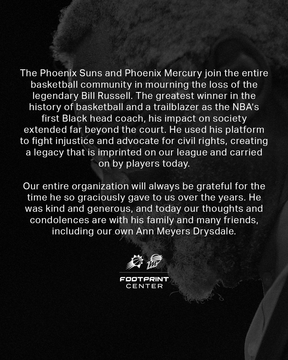 Suns's tweet photo. Our statement on the passing of NBA Legend Bill Russell. https://t.co/YWQzhxzIzg