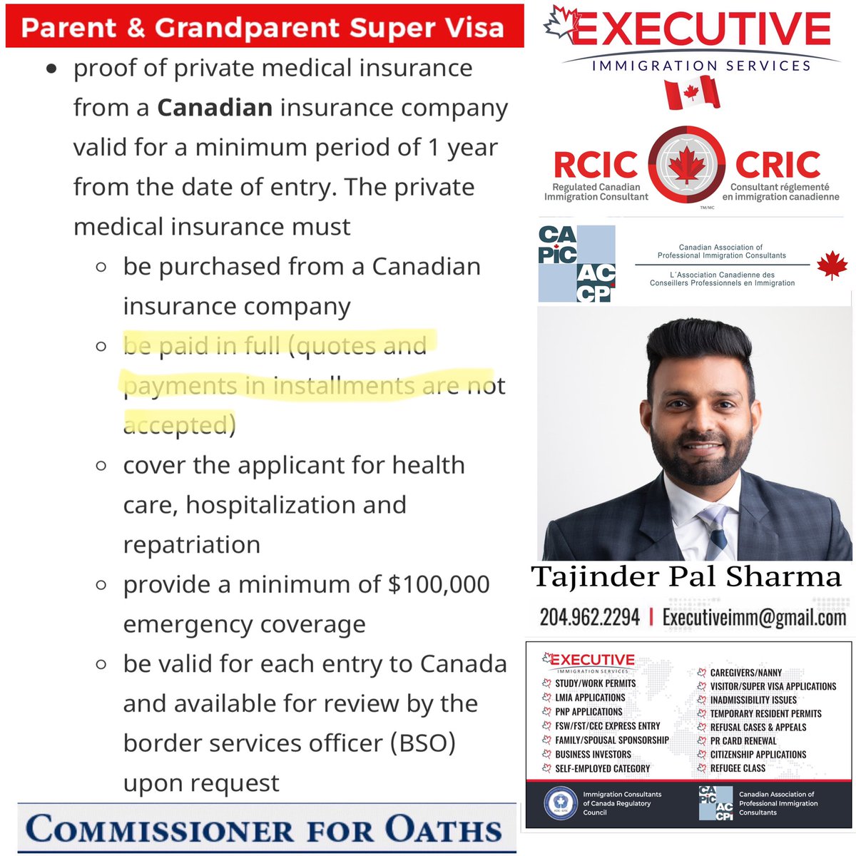 CanadaExecutive's tweet photo. 🇨🇦Super Visa Insurance Update🇨🇦
As per the IRCC policy, procedures and guidelines, the amount for the Super Visa Insurance policy must be paid in full, therefore, the quotes and the payments in installments will not be accepted and your super visa application may be refused. https://t.co/OP7bs0Lsk6