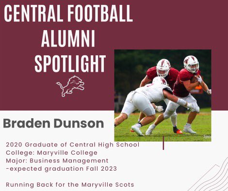 LIONSTRONGFB's tweet photo. Central Football Alumni Spotlight

@BradenDunson 
Good luck this season and best wishes for a successful year in the classroom as well.

#Lionstrong 
#AlumniSpotlight
#OnceALionAlwaysALion https://t.co/KqDxmyUAxs