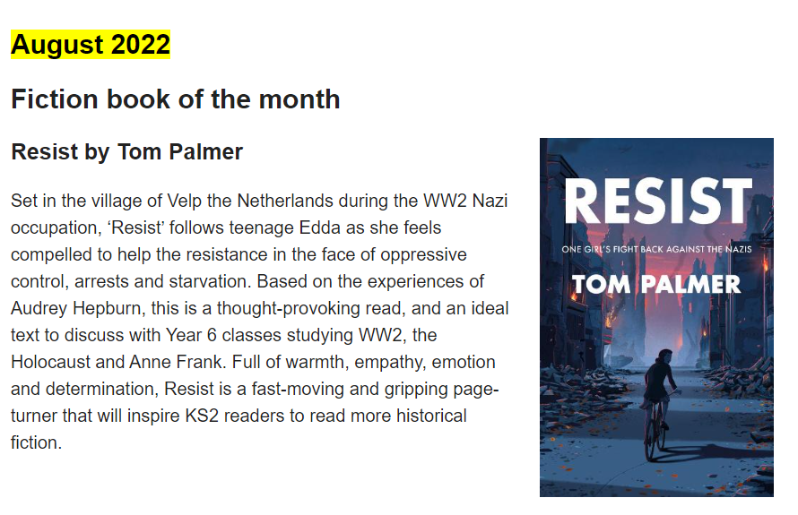 tompalmerauthor's tweet photo. Huge thanks to @SchoolReading for making RESIST their fiction book of the month for August. Check out their full booklists here: https://t.co/vkYeDEsbzE https://t.co/Z7nCGKriW3