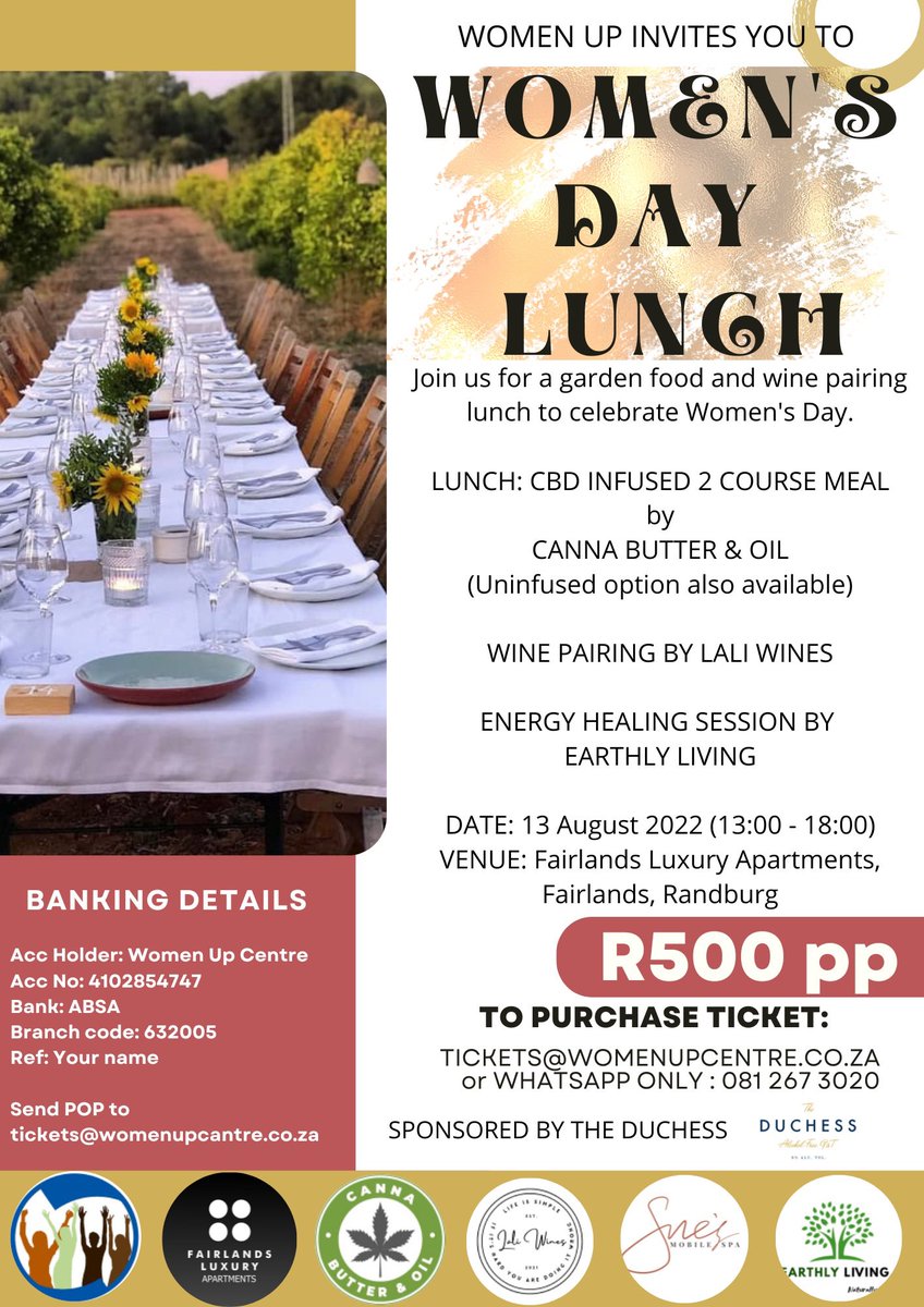 WomenUPEvents's tweet photo. Womens Day Food and Wine Pairing Lunch.
13 August 2022, Fairlands, Randburg.
Email: tickets@womenupcentre.co.za
.
.
. #Somizi #mihlali #RHOCapeTown #mrsleo https://t.co/2XfAySUk8O