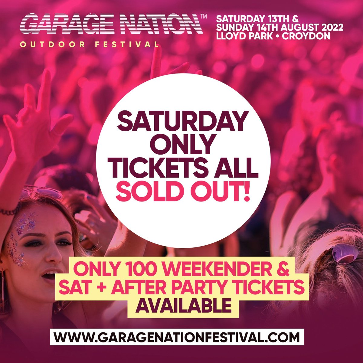 Garage Nation Festival Saturday Only Tickets have SOLD OUT! Less than 1400 Sunday remain > garagenationfestival.com >> Sat 13th & Sun 14th Aug at Lloyd Park Croydon with @MCVersatile