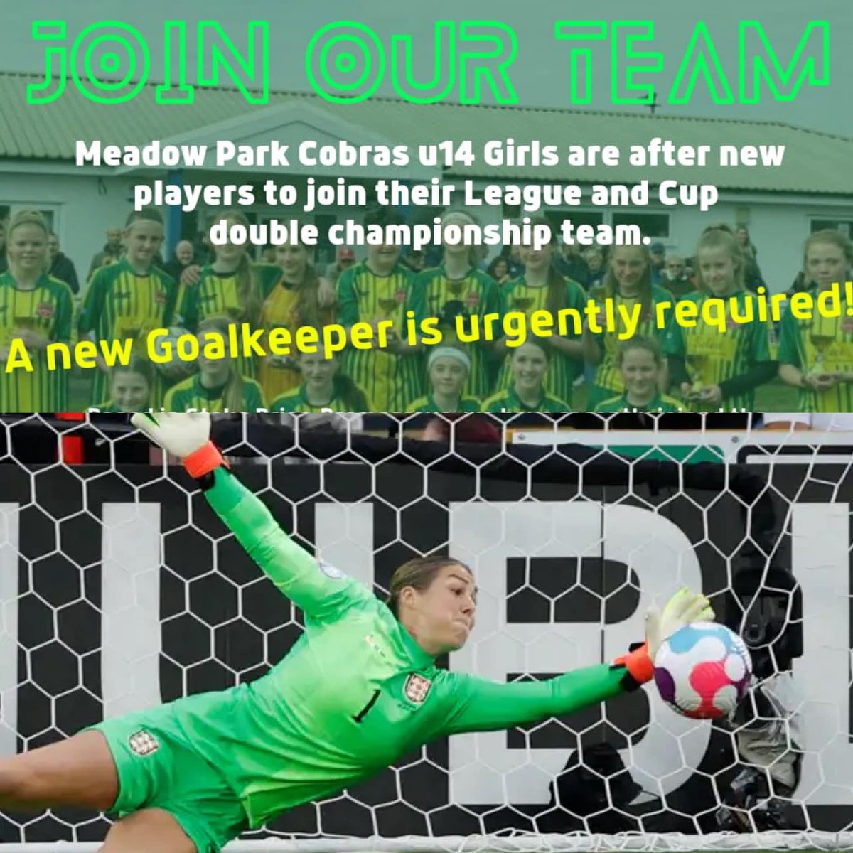 CobrasGirlsFC's tweet photo. If you’ve been inspired by the Lioness’s fabulous performance tonight and want to play for a league winning U14s girls football team. 

Meadow Park Cobras are looking for new players NOW. You must be in Yr 8 or 9 at school. 

Please phone 07718 597216 or DM us here. https://t.co/F7C3SQpeAs