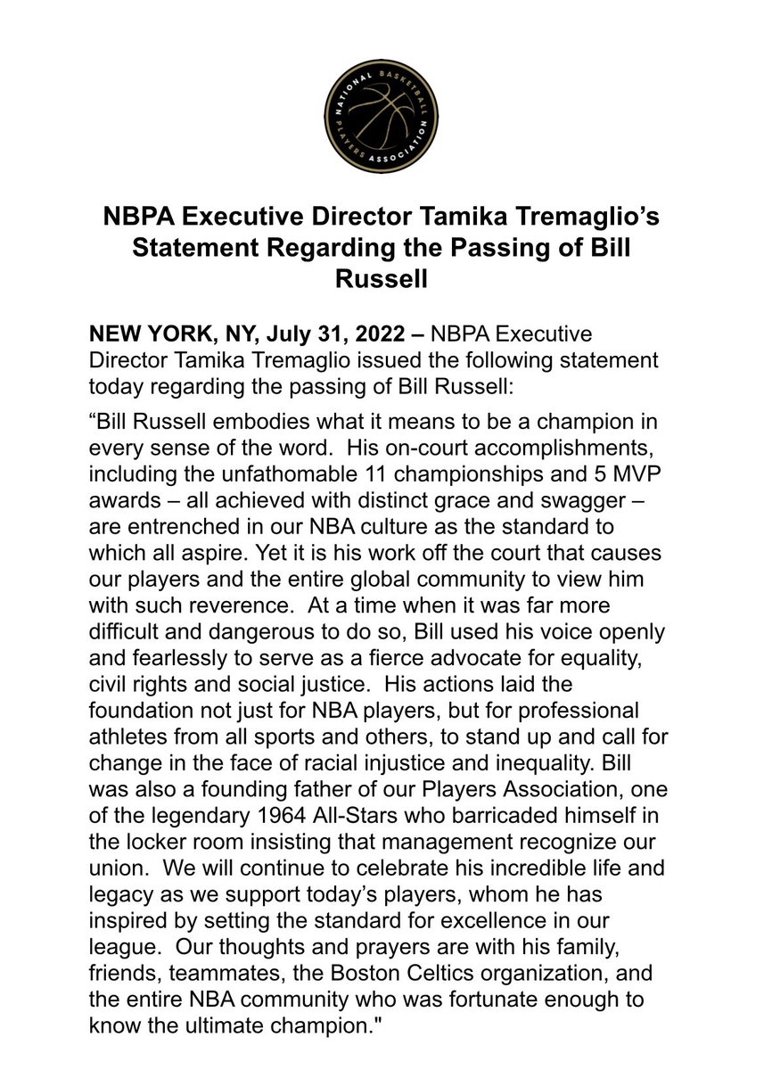 NBPA Executive Director Tamika Tremaglio's Statement Regarding the Passing of Bill Russell.