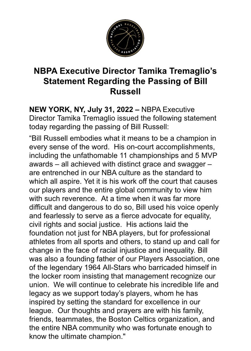 TheNBPA's tweet photo. NBPA Executive Director Tamika Tremaglio's Statement Regarding the Passing of Bill Russell. https://t.co/fXKqNixZH0
