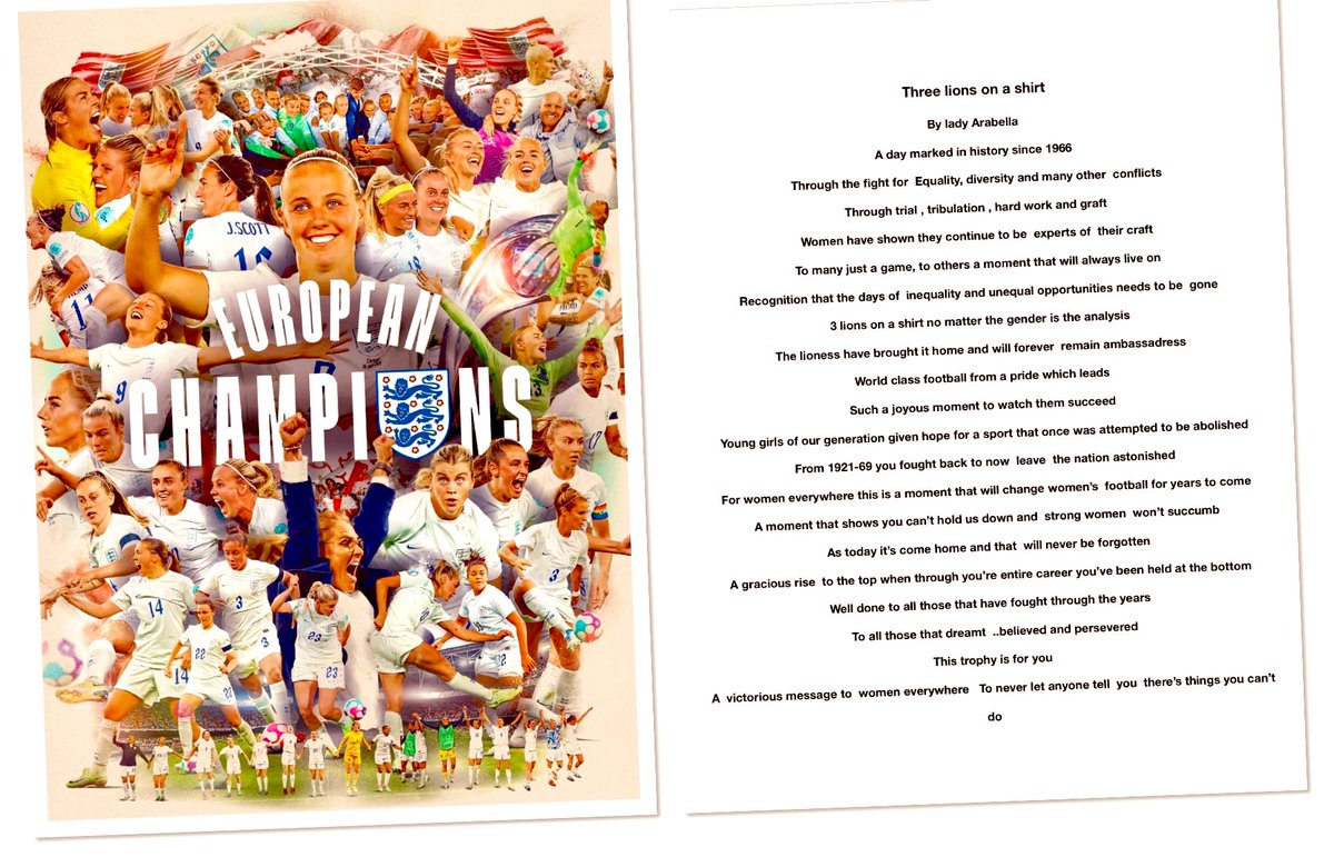 Ladyarabella6's tweet photo. My new poem “three lions on a shirt”  #adayinhistory #womenseuros2022 #womensfootball #WEURO2022 #Englandwomensfootball #women #thesegirlscan #poetry #unstoppable #EURO2022 #Eurofinal #EnglandFootball #ENG https://t.co/vdyuI8CZte