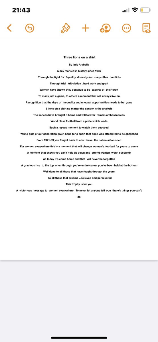 Ladyarabella6's tweet photo. My new poem “three lions on a shirt”  #adayinhistory #womenseuros2022 #womensfootball #WEURO2022 #Englandwomensfootball #women #thesegirlscan #poetry #unstoppable #EURO2022 #Eurofinal #EnglandFootball #ENG https://t.co/vdyuI8CZte