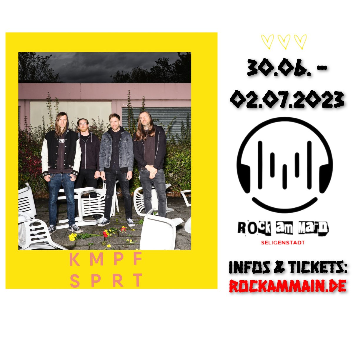 RockamMain's tweet photo. Hier sind die ersten 3 Bands für unser erstes Rock am Main 2023! 🔥
Freut euch mit uns auf: @ZSKberlin , #Rantanplan und @KMPFSPRT
Der Ticket VVK ist gestartet:
https://t.co/oIOcSHlk9G
#RaM #Seligenstadt #ZSK #Rantanplan #KMPFSPRT #FCKNZS #Peace https://t.co/vFgJGURDEG