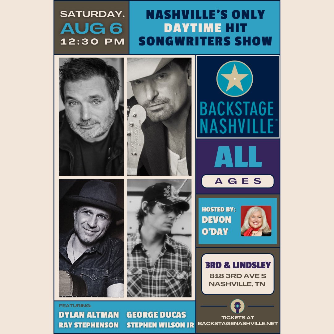 The stories & people behind your favorite #country songs ✅ #LiveMusic ✅ AC ✅ Yummy food & Refreshing drinks ✅ Backstage #Nashville at @3rdAndLindsley has it all! Check out our incredible lineup for Saturday, Aug 6 (12:30 PM) & get 🎟️ at bit.ly/BSNAug6 or the door🤘