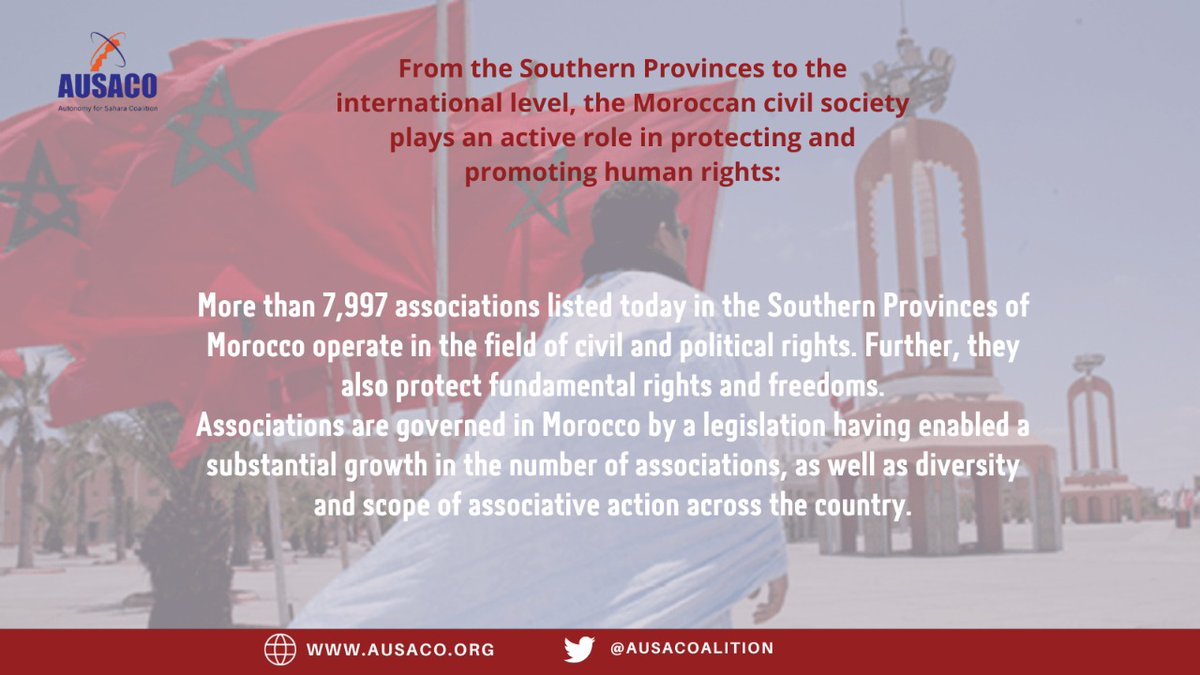 ausacoalition's tweet photo. More than 7,997 associations listed today in the Southern Provinces of #Morocco operate in the field of civil and political rights. Further, they also protect fundamental rights and freedoms.

#WesternSahara #SaharaOccidental https://t.co/2t94er5Lsu