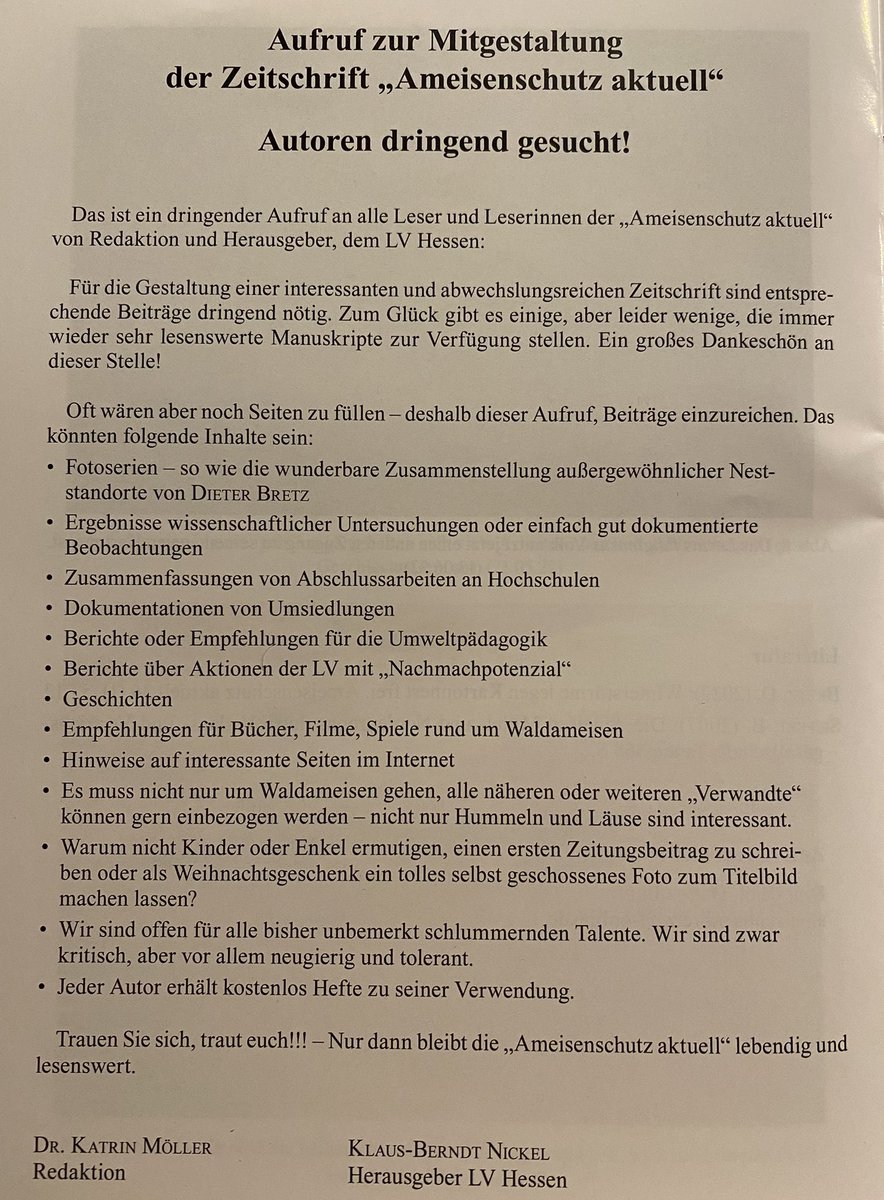 moitzfeld's tweet photo. #Ameisenschutz ist wichtig! Die Zeitschrift „Ameisenschutz aktuell“ der Deutschen Ameisenschutzwarte e.V. ist jedes Mal auf‘s Neue lesenswert! Damit dies so bleibt, hier der Aufruf der #DASW: „Autoren dringend gesucht!“ Bitte gerne teilen! Schützt die Waldameisen! https://t.co/ubySvmGf9C
