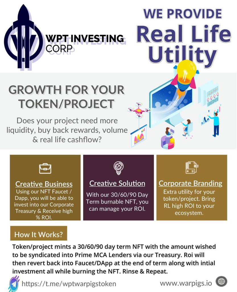 knzo_fn's tweet image. @warpigstoken has many real life utilities bringing Corporate Roi back to the $WPT chart

Doxxed team 💪
Stake-able NFT collection🚀
Asset backed stable coin coming #DollarX

We will be giving away some #ETH
1️⃣Join their TG bit.ly/3oG3j16
2️⃣Follow @warpigstoken
3️⃣Like&amp;amp;RT