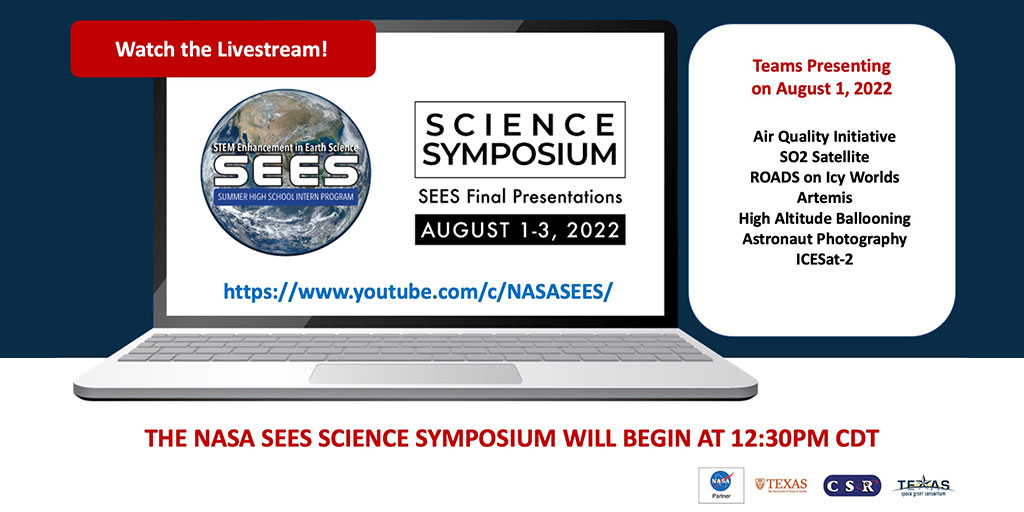 Pls share &amp; RT! Come support our 2022 NASA #SEESInterns as they present their work at the SEES Science Symposium on August 1-3, 2022. Tune in at 12:30PM CDT for the livestream on the SEES YouTube channel at: youtube.com/c/NASASEES/