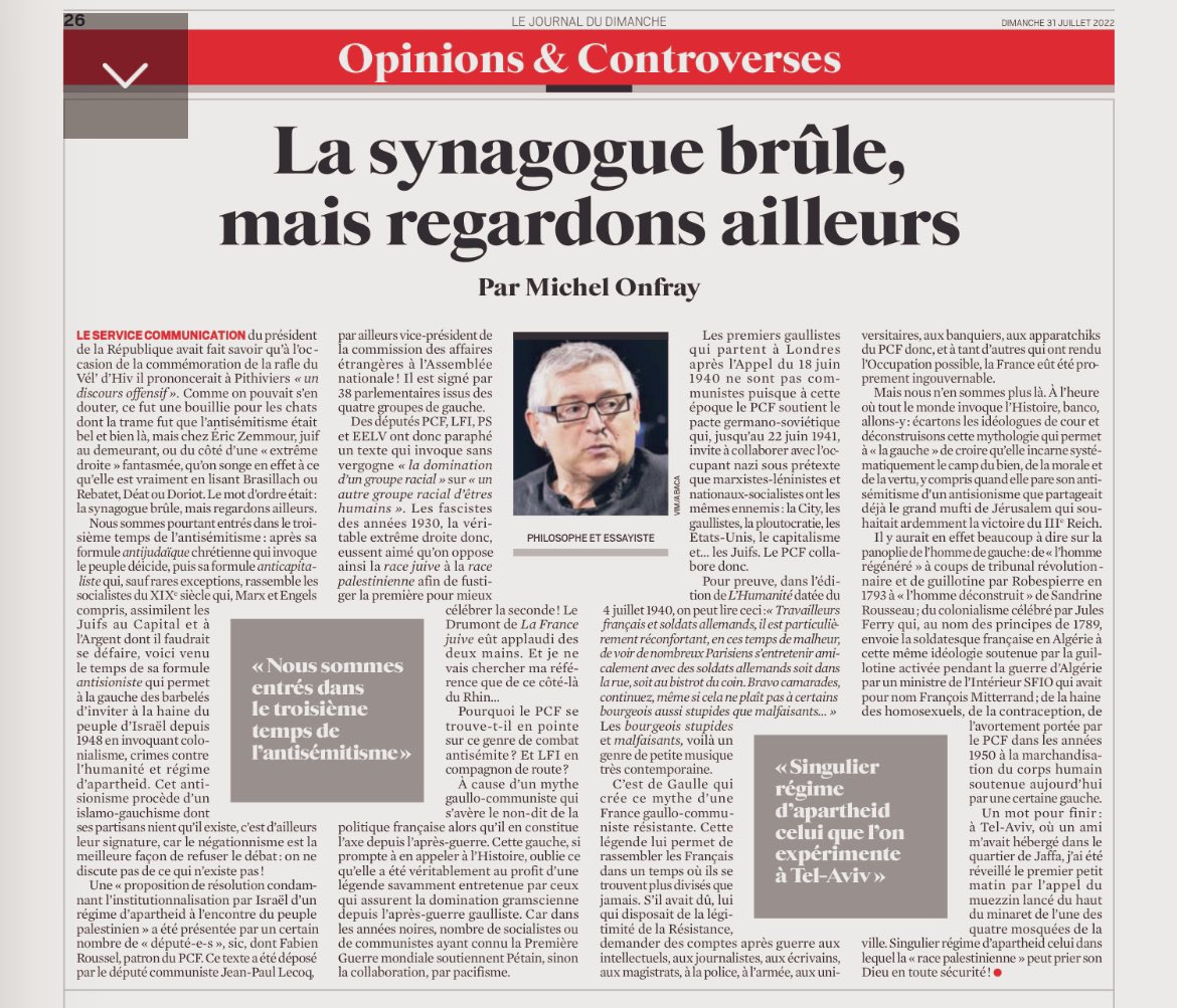 RaquelGarridoFr's tweet photo. Dites @leJDD, ça ne vous gêne pas de publier sans sourciller un texte qui prétend faire une description de l’antisémitisme au travers les âges en effaçant totalement la Shoah ? Cette omission coupable (mais pas étonnante de la part de Michel Onfray) aurait dû vous alerter. https://t.co/fZSSEfhhmH