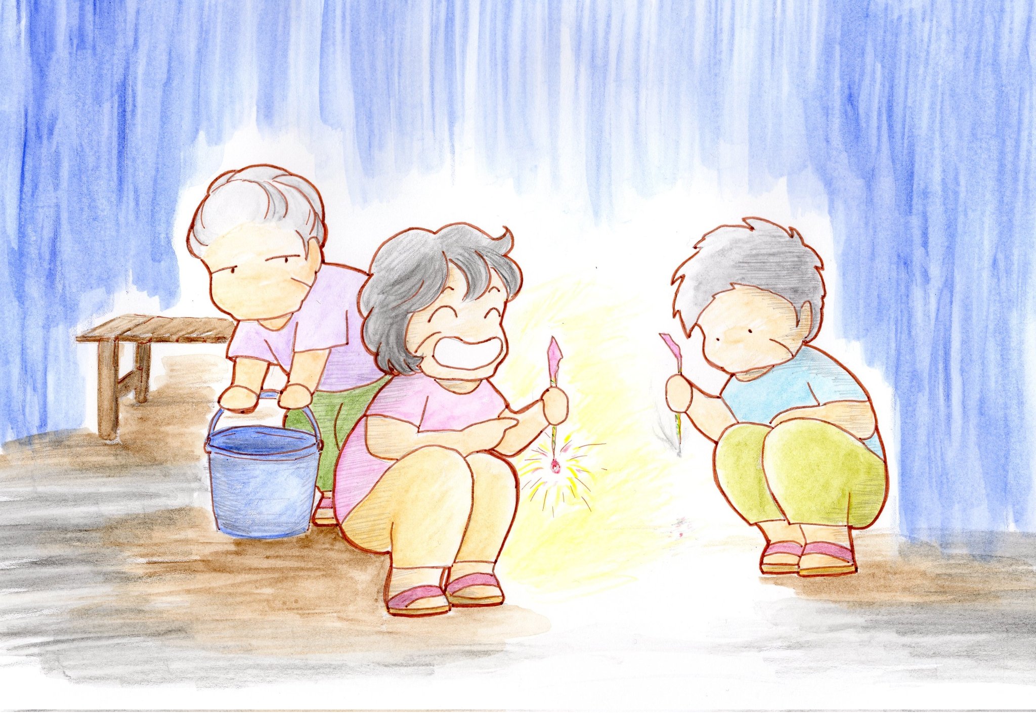 ケーコロ 線香花火の 玉が落ちると どうしてあんなに悲しい気分になるんですかね 今日から８月 今月もよろしくお願いします イラスト ゆるいイラスト 花火 花火の日 線香花火 夏 日常 夏あそび 哀愁 おばあちゃん 三婆