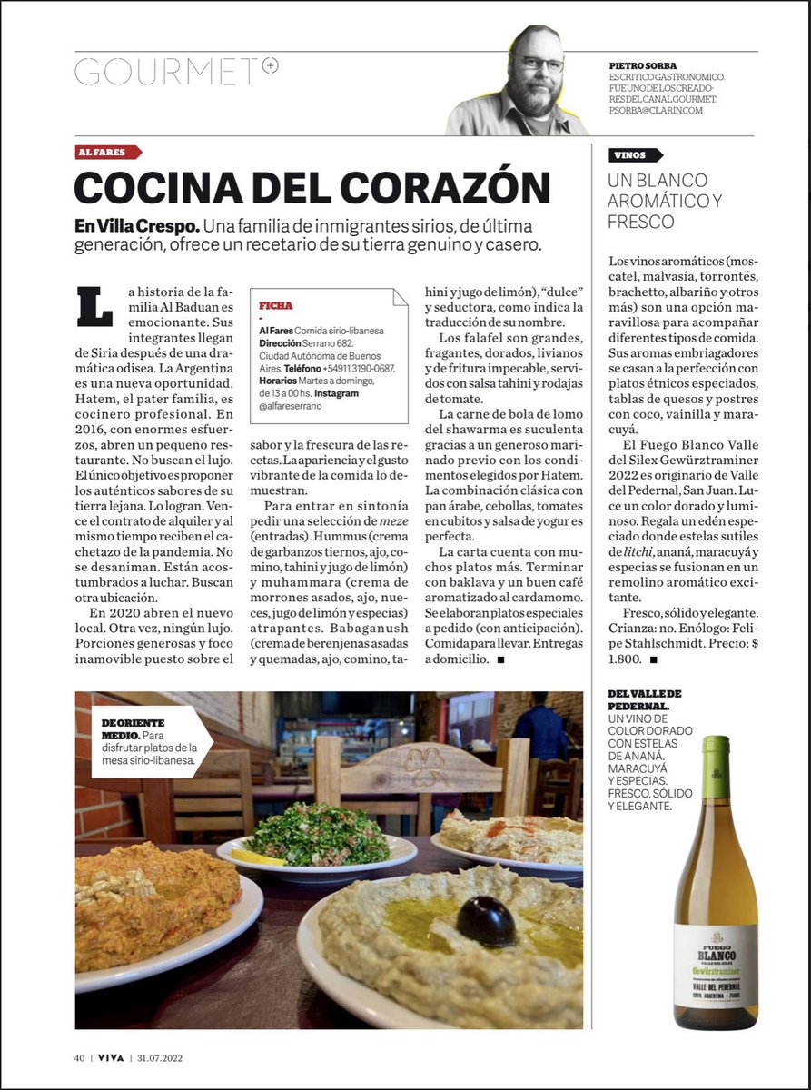 <a href="/fuegoblancook/">Fuego Blanco</a> #Gewürztraminer recomendado hoy en #RevistaVIVA de <a href="/claringourmet/">Clarín Gourmet</a> por <a href="/PietroSorba/">@PietroSorba</a> quien los destacó como “un vino blanco aromático y fresco” además de “… sólido y elegante”. Gracias Pietro!