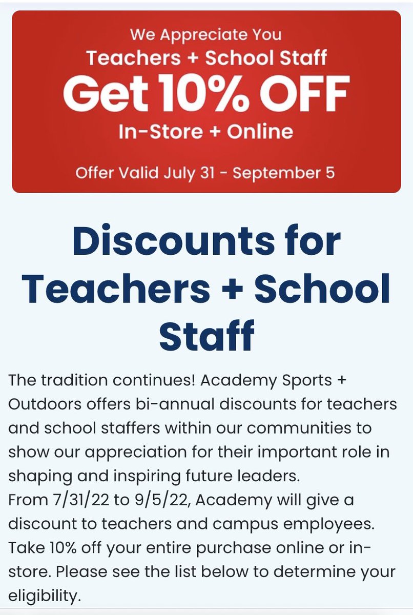 SAISDFoundation's tweet photo. Thanks @Academy for your new discounts on all purchases for teachers and school staff through 9/5/22! https://t.co/R9RGKnEGh6