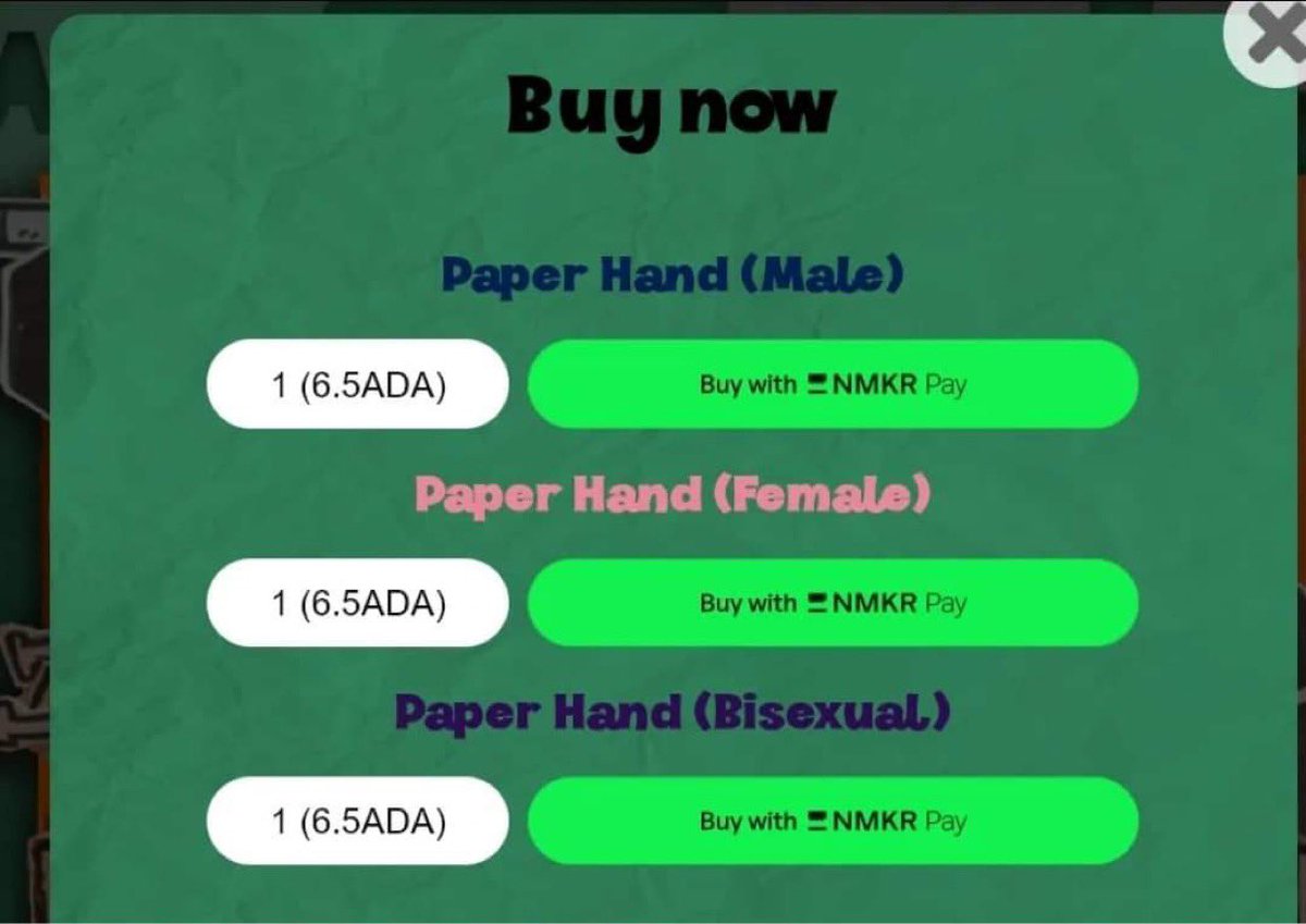 Paperhands PFP collection 
Minting now! 6.5 ADA
Some of the most unique art on Cardano!
#CNFT #nft #ada 
paperhandclub.com/#buy-now

Select from Male, Female, or Bisexual