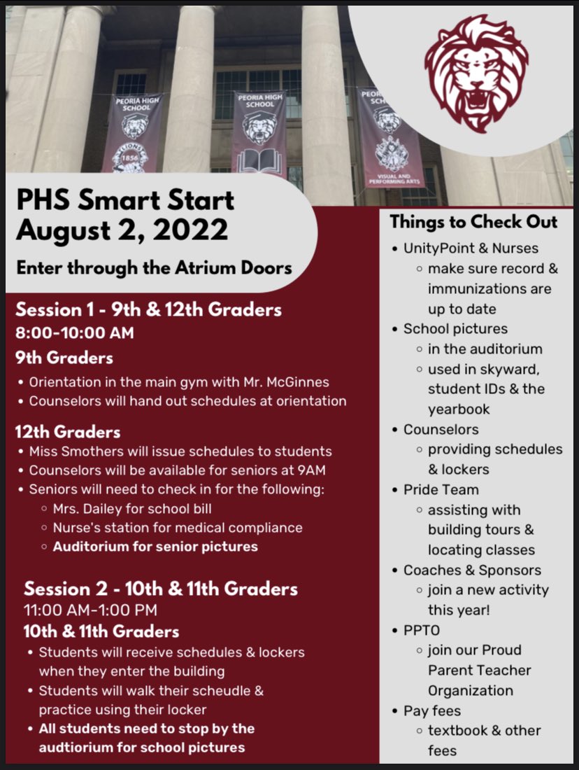 Peoria High School Smart Start Day ~ August 2!

8 - 10 for Freshman &amp; Seniors.

11 - 1 for Sophomores &amp; Juniors.

❤️🦁