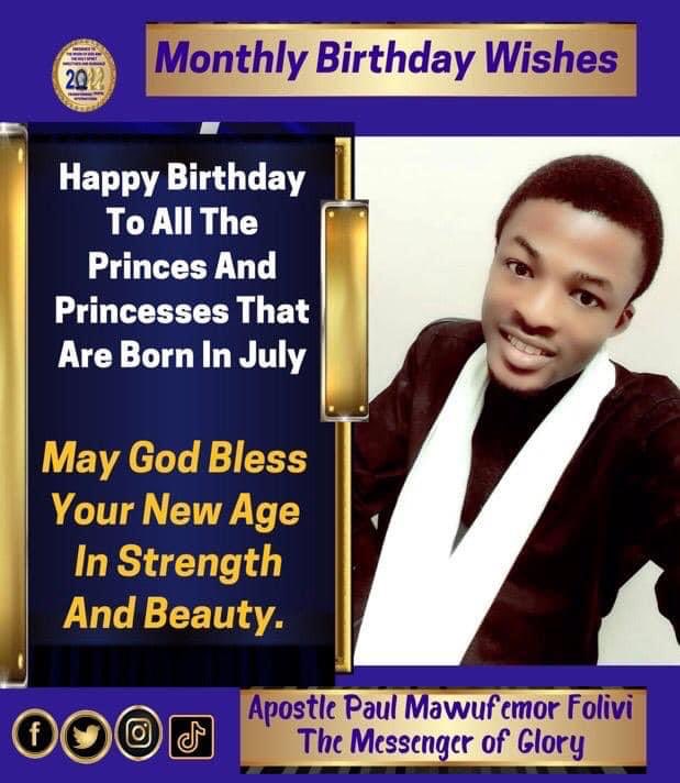 PF_Officiale's tweet photo. Happy Birthday To All Princes And Princesses That Are Born In July!

I pray that the Almighty God bless your new age in strength and beauty. May every aspect of your life be refreshed and restored.

#MonthlyBirthdayWishes
#JulyBorns2022 https://t.co/xt7L4Achhq