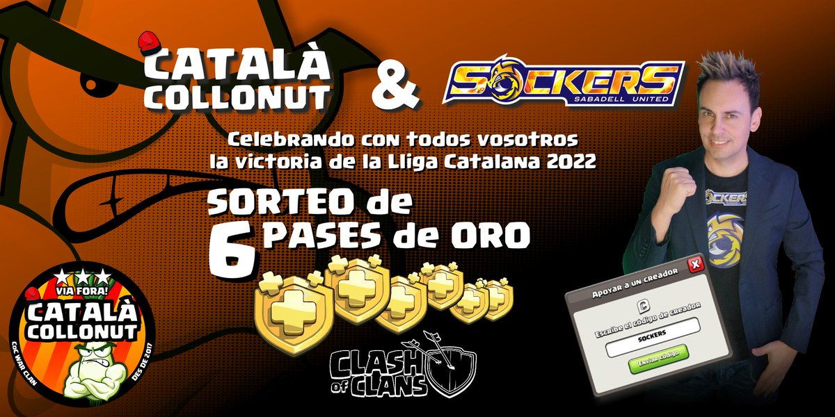 ⏩️Sorteo de 🎁 6 PASES DE ORO 🎁
Por Cortesia de <a href="/Catala_Collonut/">Català Collonut War Clan⭐⭐⭐</a> 
CAMPEON DE LA LLIGA CATALANA
☔️☔️☔️
Requisitos:
📌Seguirme a mi <a href="/Sockers_/">Sockers SU</a> 
📌Usar el CODIGO SOCKERS
(vale para cualquier juego d Supercell)
📌Etiqueta 2 amigos
📌Dar RT 🔄

✨️Ganadores día 5
Se paga por Paypal