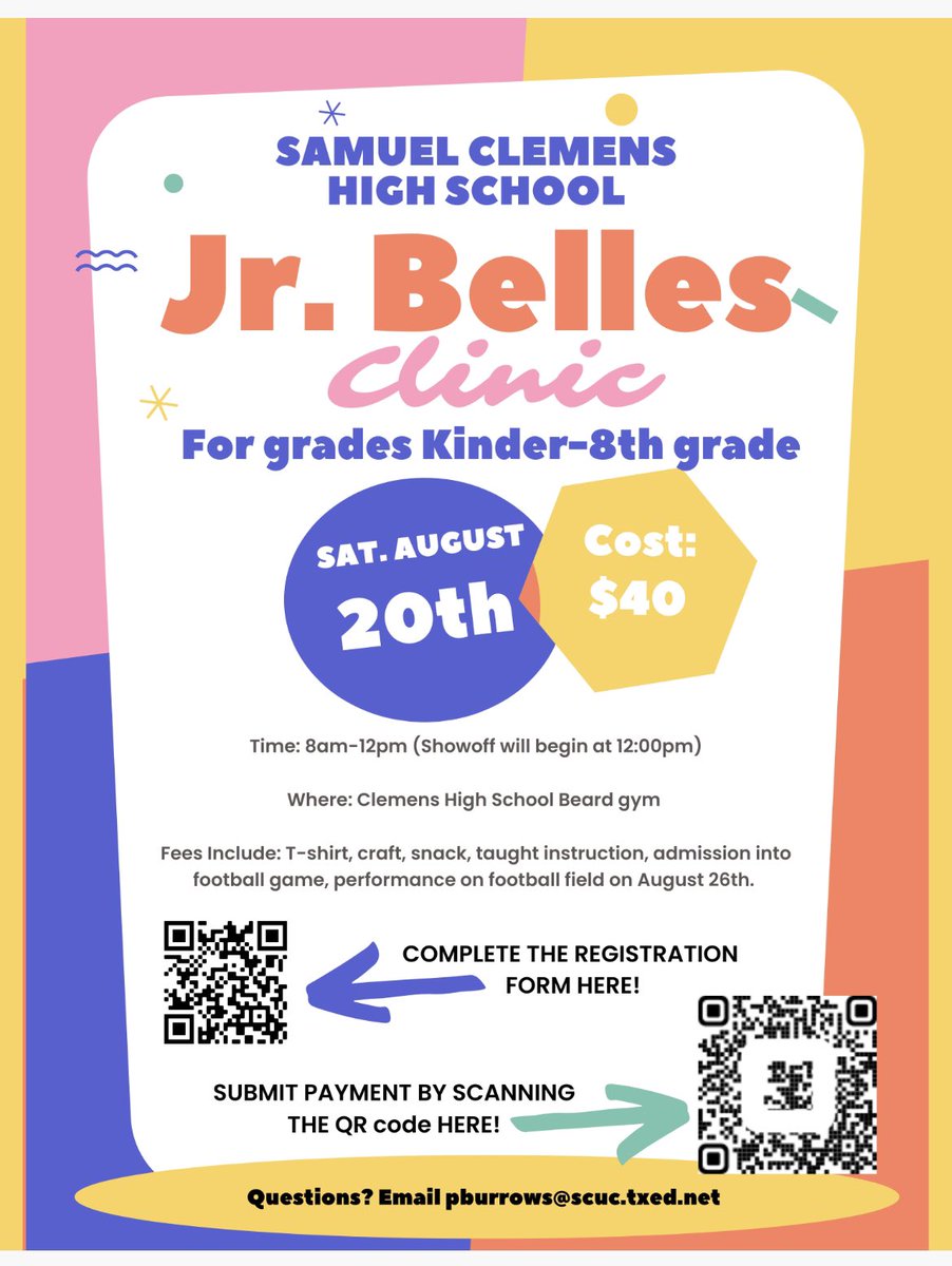 Clemens High School (@samuelclemenshs) on Twitter photo Our Jr. Belles is coming soon! Open to Kinder through 8th grade students. Register today and learn from our amazing dancers! <a href="/SCUCISD/">SchertzCiboloUC ISD</a> <a href="/scucfinearts/">SCUC ISD Fine Arts</a> <a href="/scbuffalostrong/">Clemens Athletics</a> Our Jr. Belles is coming soon! Open to Kinder through 8th grade students. Register today and learn from our amazing dancers! <a href="/SCUCISD/">SchertzCiboloUC ISD</a> <a href="/scucfinearts/">SCUC ISD Fine Arts</a> <a href="/scbuffalostrong/">Clemens Athletics</a>