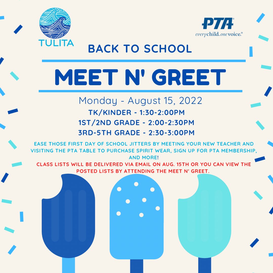 Andrew Estrada (@mrandrewestrada) on Twitter photo Come meet your teacher on Monday, 8/15 for the <a href="/TulitaPTA/">Tulita PTA</a> sponsored Meet N’ Greet! Class lists will be emailed and posted on 8/15! Come meet your teacher on Monday, 8/15 for the <a href="/TulitaPTA/">Tulita PTA</a> sponsored Meet N’ Greet! Class lists will be emailed and posted on 8/15!