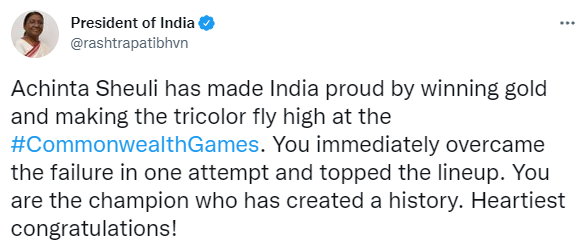 NewsStateBRJH's tweet photo. राष्ट्रपति द्रौपदी मुर्मू ने #CommonwealthGames2022 में स्वर्ण पदक जीतने पर वेटलिफ्टर अचिंता शुली को बधाई दी.

#weightlifting #AnchitaShuli #NewsStateBiharJharkhand @rashtrapatibhvn https://t.co/NQfF4GzXKU