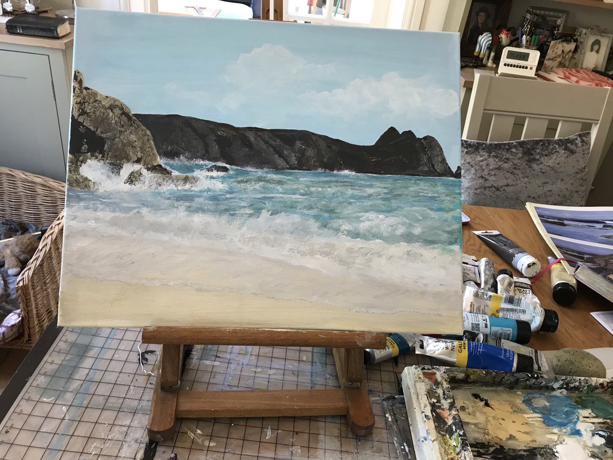 Painting almost done of Porthcurno beach Cornwall