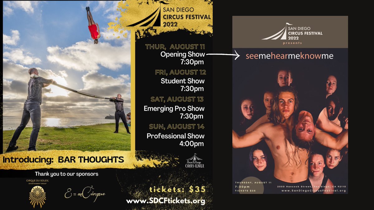 SAN DIEGO CIRCUS FESTIVAL
4 nights of SHOWS
- For TICKETS: SDCFtickets.org 

Come join us! San Diego's very own CIRCUS FESTIVAL!