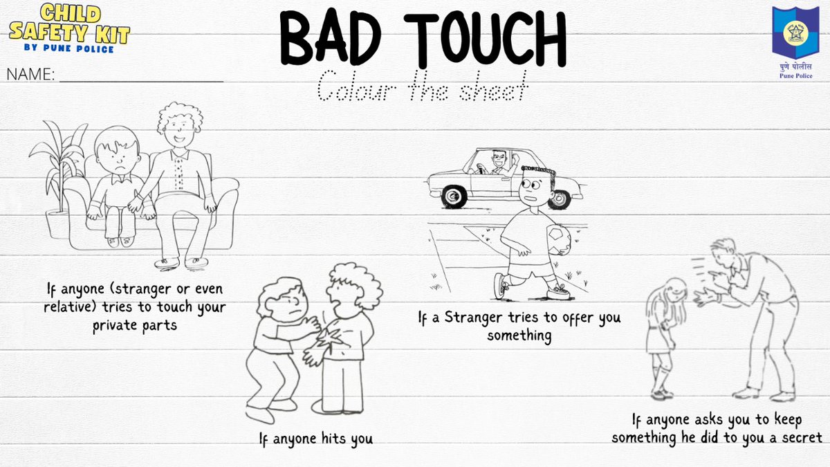 PuneCityPolice's tweet photo. For the little ones..

Imp to tell them abt #BadTouch &amp; how it doesn't have to be strangers;can be somebody known.

#Pune,पालकांनो सजग व्हा

मुलांना न घाबरता सुरक्षिततेबद्दल कसे शिक��ायचे? #PunePolice या प��रश्नांबद्दल जागरूकता निर्माण करण्यासाठी प्राधान्य देत आहे.

#ChildSafetyKit https://t.co/OQifIZ5VgH