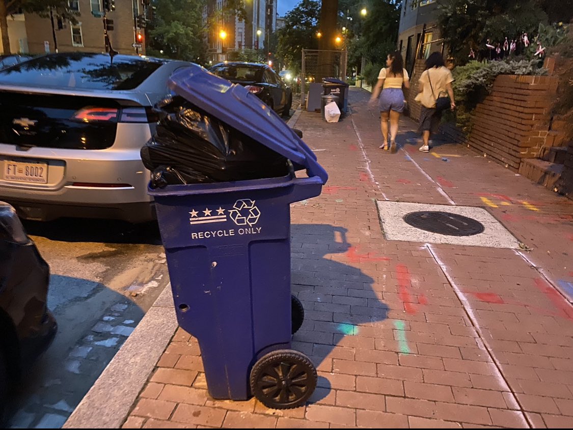 In most communities, DC included, recyclables *cannot* be placed in plastic bags.

Plastic bags are our most common contaminant - they jam equipment, causing operations to shut down multiple times/day so workers can cut them out (one of the biggest reasons workers get injured)!