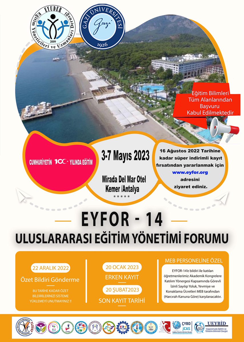 eyudervan's tweet photo. @uledef Türkiye'nin en büyük ve geniş katılımlı kongresi EYFOR bu sene Gazi Üniversitesi işbirliği ile Antalya Kemer Mira Del Mar Otelde yapılacaktır.
İndirimli fiyatlar ile sunulan odalar sınırlı sayıda olup, lütfen geç kalmayın.
👇
https://t.co/Dmmfzs676G
@Gazi_Universite https://t.co/u1UtQGKXDK