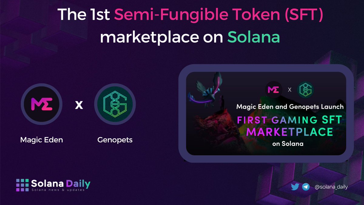 solana_daily's tweet photo. ⚡️⚡️ BREAKING - @MagicEden has been teaming up with @Genopets to launch the 1st Semi-Fungible Token (SFT) marketplace on @Solana

⏬Details
https://t.co/AaoLY0Hs56

#SolanaNFTs #Solana #SFT https://t.co/2wccqobtKS