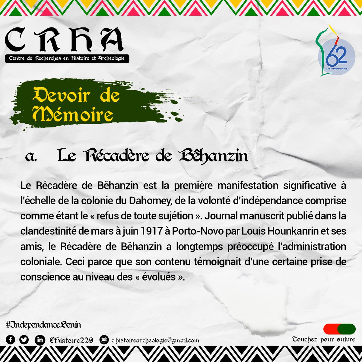 HistoireBj's tweet photo. Ces deniers constitués en #Elites vont poser le problème de la #décolonisation de manière précoce par rapport à l’année 1895. 

#CRHA229 #Histoire229 #wasexo #IndependanceBenin #IndependanceBJ C'est une preuve de patriotisme. https://t.co/kgLxylnegz