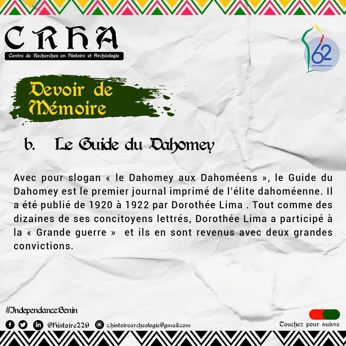 HistoireBj's tweet photo. Ces deniers constitués en #Elites vont poser le problème de la #décolonisation de manière précoce par rapport à l’année 1895. 

#CRHA229 #Histoire229 #wasexo #IndependanceBenin #IndependanceBJ C'est une preuve de patriotisme. https://t.co/kgLxylnegz