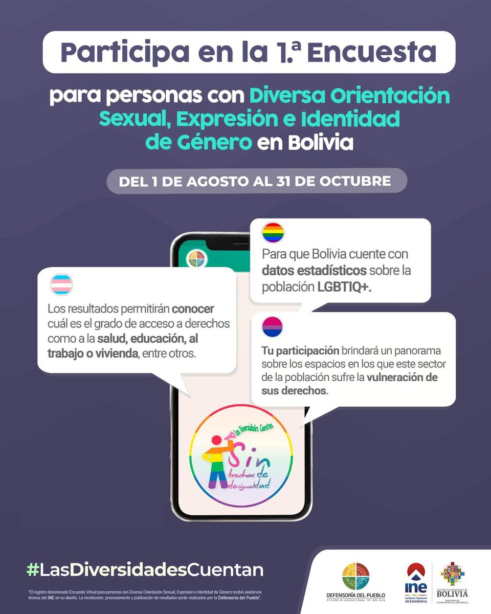 DPBoliviaOf's tweet photo. 📢🏳️🌈 Mañana iniciaremos el proceso de #registro y #llenado de la 1.ª #Encuesta Virtual para Personas con #Diversa Orientación Sexual, Expresión e Identidad de #Género en Bolivia. 🇧🇴
#LasDiversidadesCuentan
@ADESPROC @HivosAmLatina @onumujeresbol #LGTBIQ #lgtb #ahora #encuesta https://t.co/RTqikBBZJe