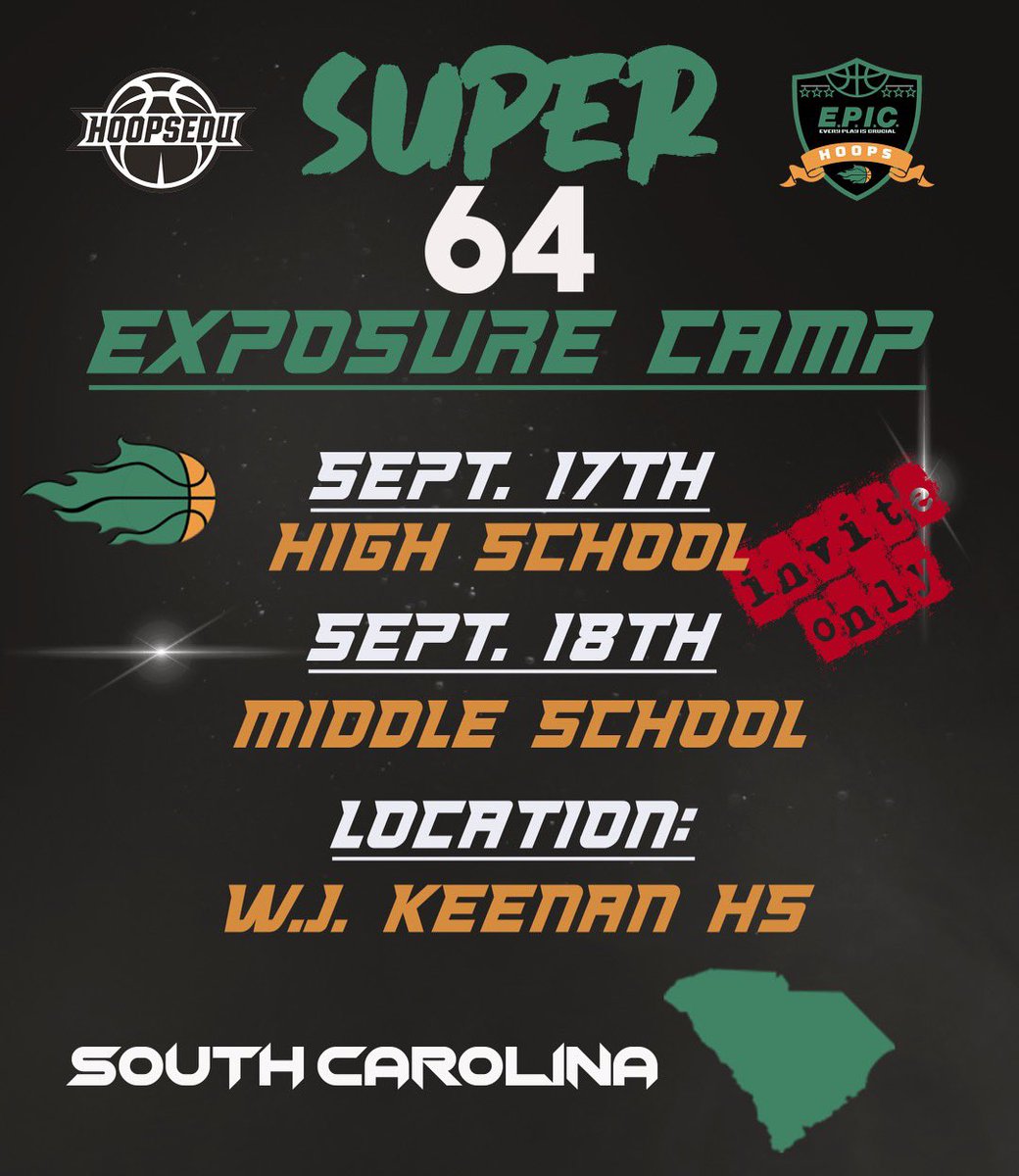 Epic_Hoops's tweet photo. Next up on tap we have South Carolina Super 64 Invite only camp. Best trainers in SC ✅, Top Notch Skill Development ✅, Competition ✅,College Coaches ✅, Regional Media ✅. Invites starting to go out this week for High School. Middle School we will take the first 80 campers. https://t.co/M9k9LMfvOA