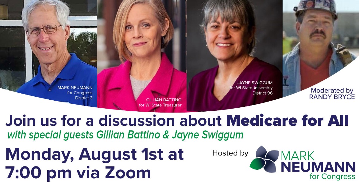 DrMark_3rdCD_WI's tweet photo. Three progressive candidates, Mark Neumann, Gillian Battino and Jayne Swiggum, will meet to discuss Medicare for All. Our conversation will be moderated by the one and only, @IronStache. #MedicareForAll #WI03
https://t.co/zXjLRJLFbV https://t.co/X7nHYmTnrp