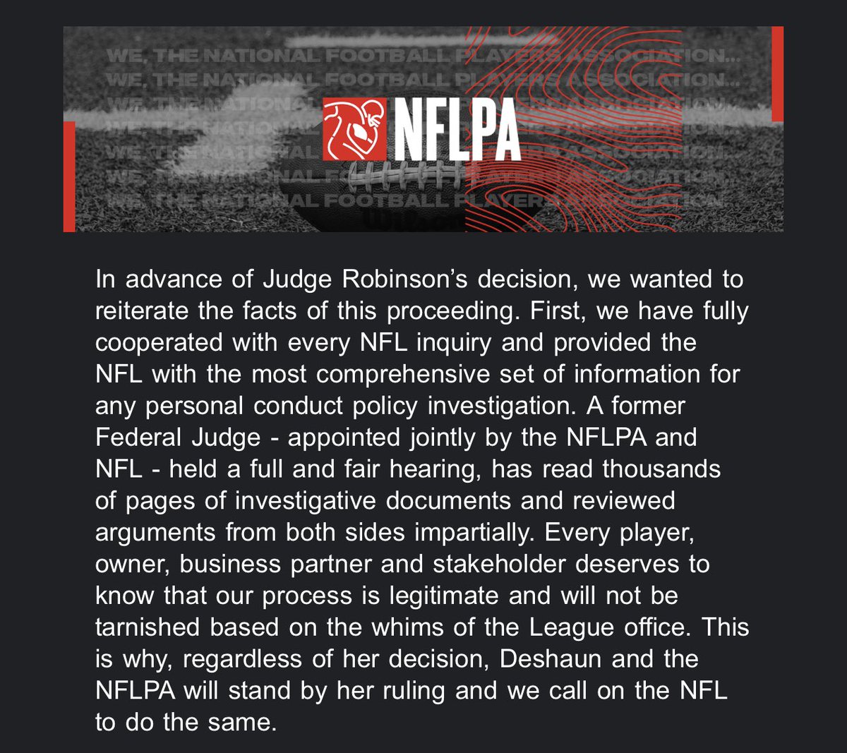 StainbrookNFL's tweet photo. NFLPA &amp; Deshaun Watson Statement on Impending Arbitration Decision https://t.co/P3Nu2UDNk6