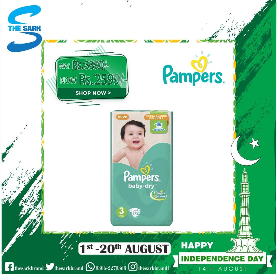 TheSarkBrand's tweet photo. ✨🇵🇰 Independence Day Sale 🇵🇰✨
✨Save Rs.790/- On Pampers Baby Dry Diapers Medium Size 3, 72 Count✨
Shop Now:
https://t.co/V0XTD17psu

#PakistanZindabad #pampers #pamperspants 
#TheSark #TheSarkBrand #sale #groceryshopping #independencedaysale #independenceday2022 #14august2022 https://t.co/jWjSxV1Is6