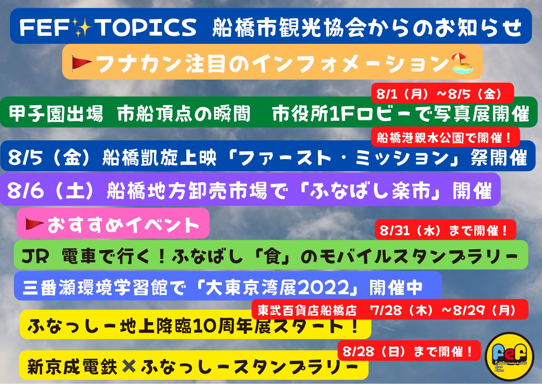 Fef 船橋市観光協会 おはようございます 8 1 月 船橋市の天気は 最高気温は35 です 本日も危険な暑さが続きます 熱中症にご注意ください 8月最初のフナカンtopicsは画像を参考に 今週もイベント盛りだくさんです 企業公式が毎朝地元の天気を Fef 船橋市観光協会 おはようございます 8 1 月 船橋市の天気は 最高気温は35 です 本日も危険な暑さが続きます 熱中症にご注意ください 8月最初のフナカンtopicsは画像を参考に 今週もイベント盛りだくさんです 企業公式が毎朝地元の天気を