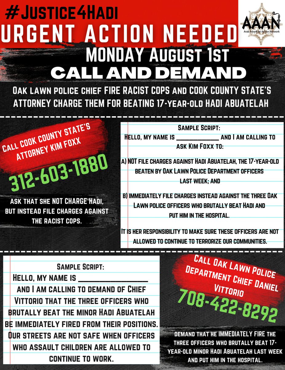 aaanmarkaz's tweet photo. Monday, August 1st: call @OakLawnPD &amp; @SAKimFoxx to demand the firing &amp; charging of racist cops who brutally beat 17-year-old Hadi Abuatelah last week! 

See AAAN statement &amp; script here: https://t.co/osMnrrTyYf

#Justice4Hadi #EndRacialProfiling #StopSARs #StopPoliceCrimes https://t.co/v7vBoe6zSe