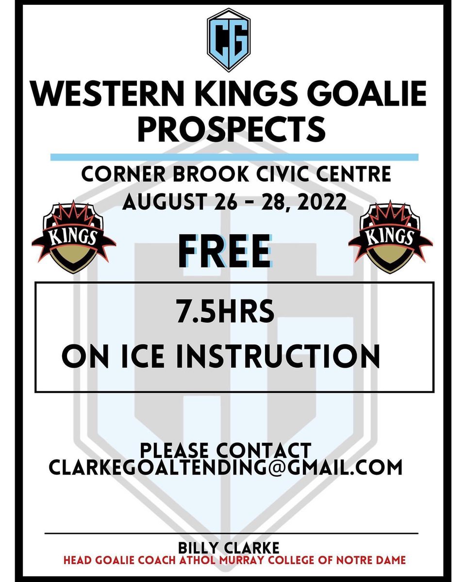 KingsWestern's tweet photo. The Western Kings have teamed up with @CGoaltending to offer a FREE goalie prospects camp!

This camp is open to both U15 and U18 age groups. 

If interested please email clarkegoaltending@gmail.com to register! https://t.co/Anz8eceWAt