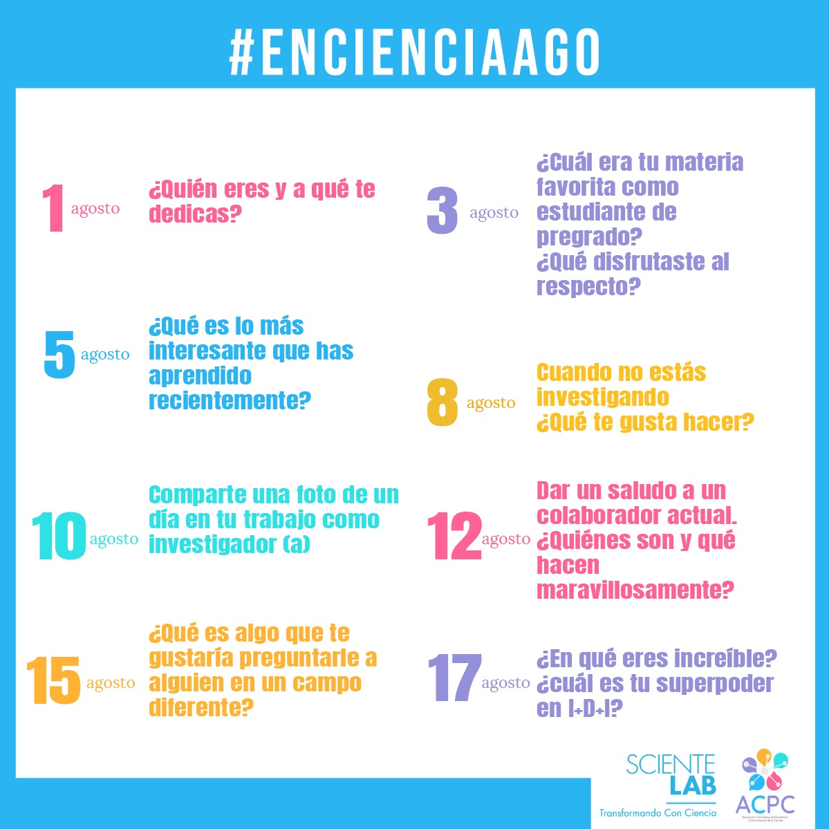 acpccolombia's tweet photo. Comenzó Agosto en comenzamos con el #EnCienciaAgo para divertirnos, conocer y compartir 🔄 ❤️ sobre el quehacer de las personas que trabajan en Ciencia, Tecnología e Innovación #CTei. ¡Gracias a los que nos han apoyado con la campaña: @Astroandrea @relisacha1 @AnaMaPorras! https://t.co/Nf0veZSlRk
